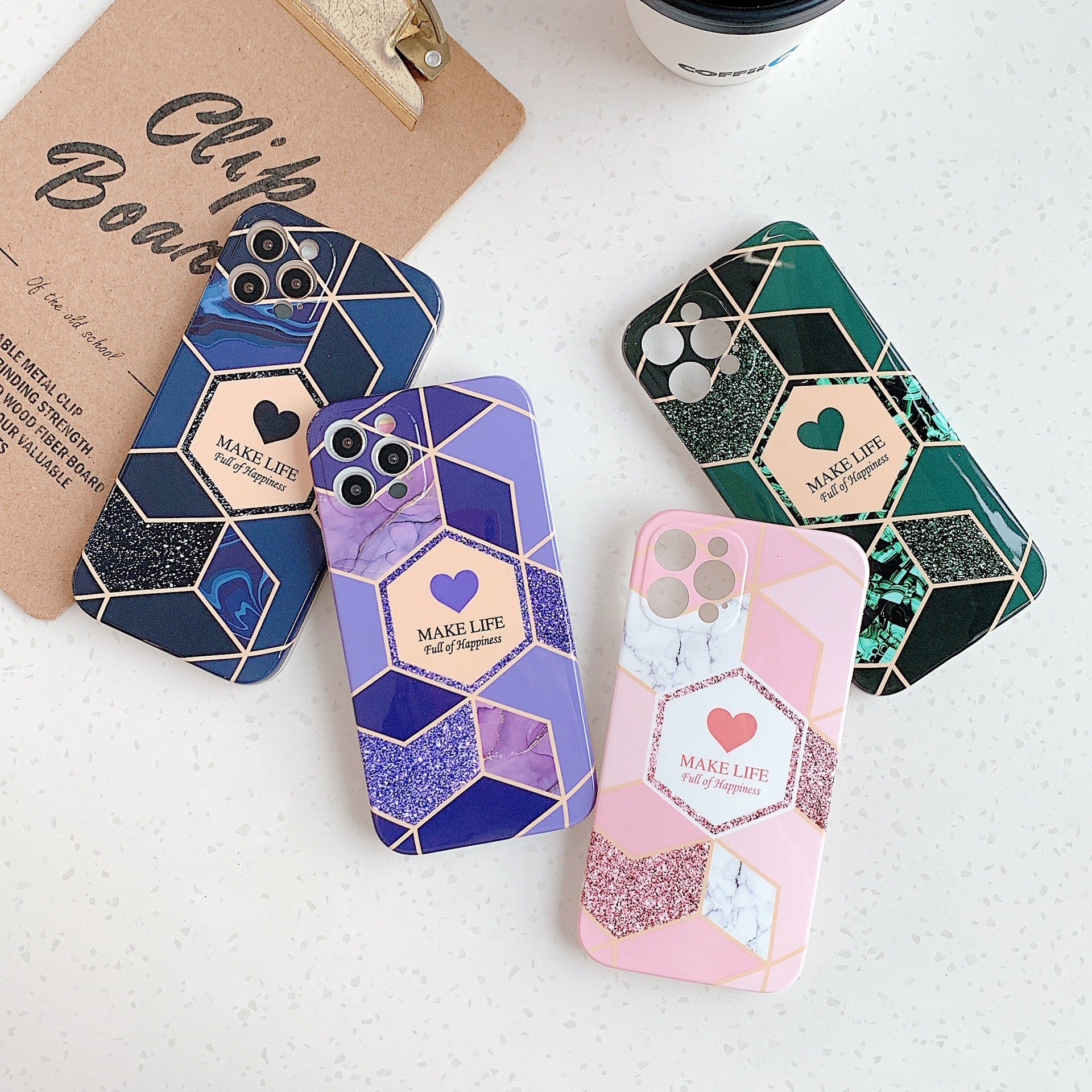 Géométrique amour couture téléphone en marbre cas