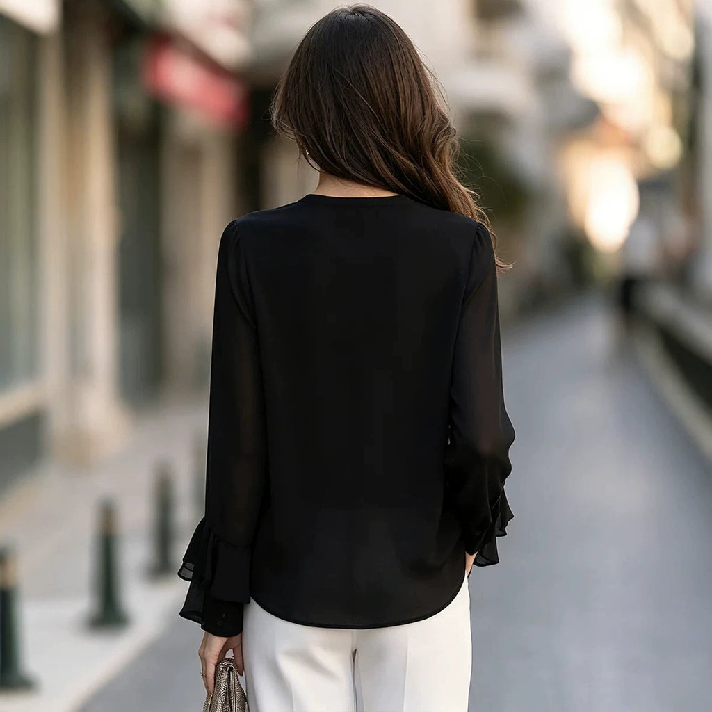 Collier retro-style d'arrivée étouffé et blouse d'ourlet flottante pour femmes