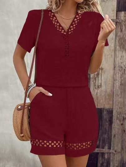 Vente à chaud Europe et Amérique Style V-col Patchwork Short manches courtes Solid Color Short Set