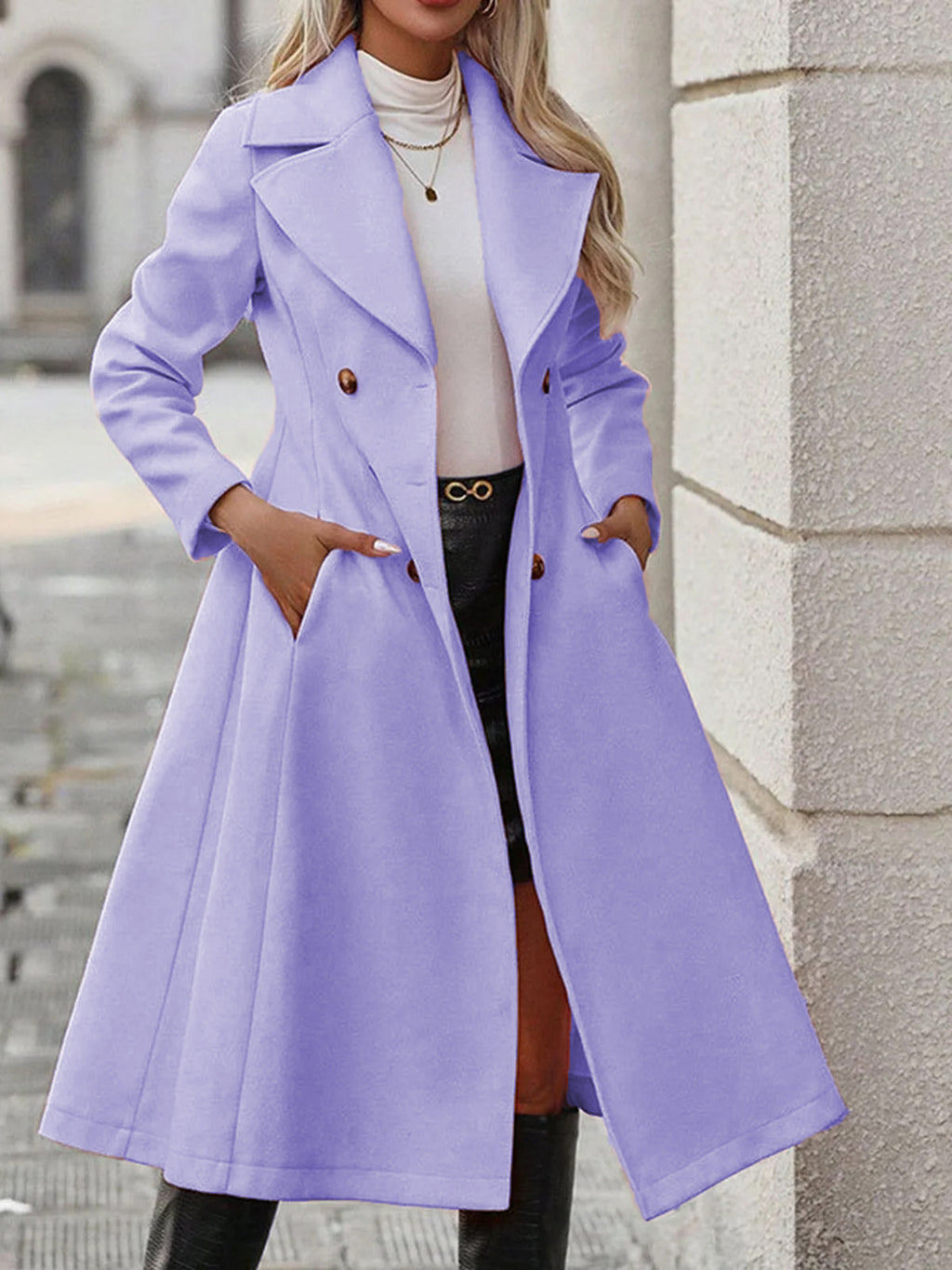 Femmes Lapel de couleur unie Casual Double-breasted Long Trench Coat