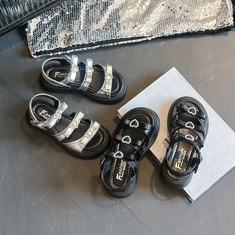 Sandales en strass pour enfants à cœur mignon à couleur solide