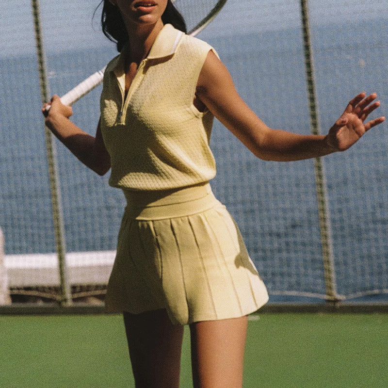 Été Jacquard Knit Polo demi-zip Vest Outdoor Respirant Anti-exposition Golf Skirt de tennis
