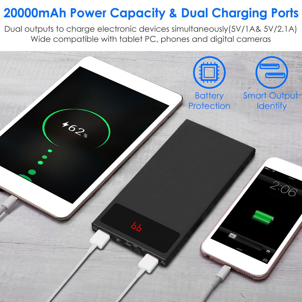 1Pc 20000mAh Power Bank Chargeur de téléphone ultra-mince Double Port USB Lampe de poche Batterie Rester D