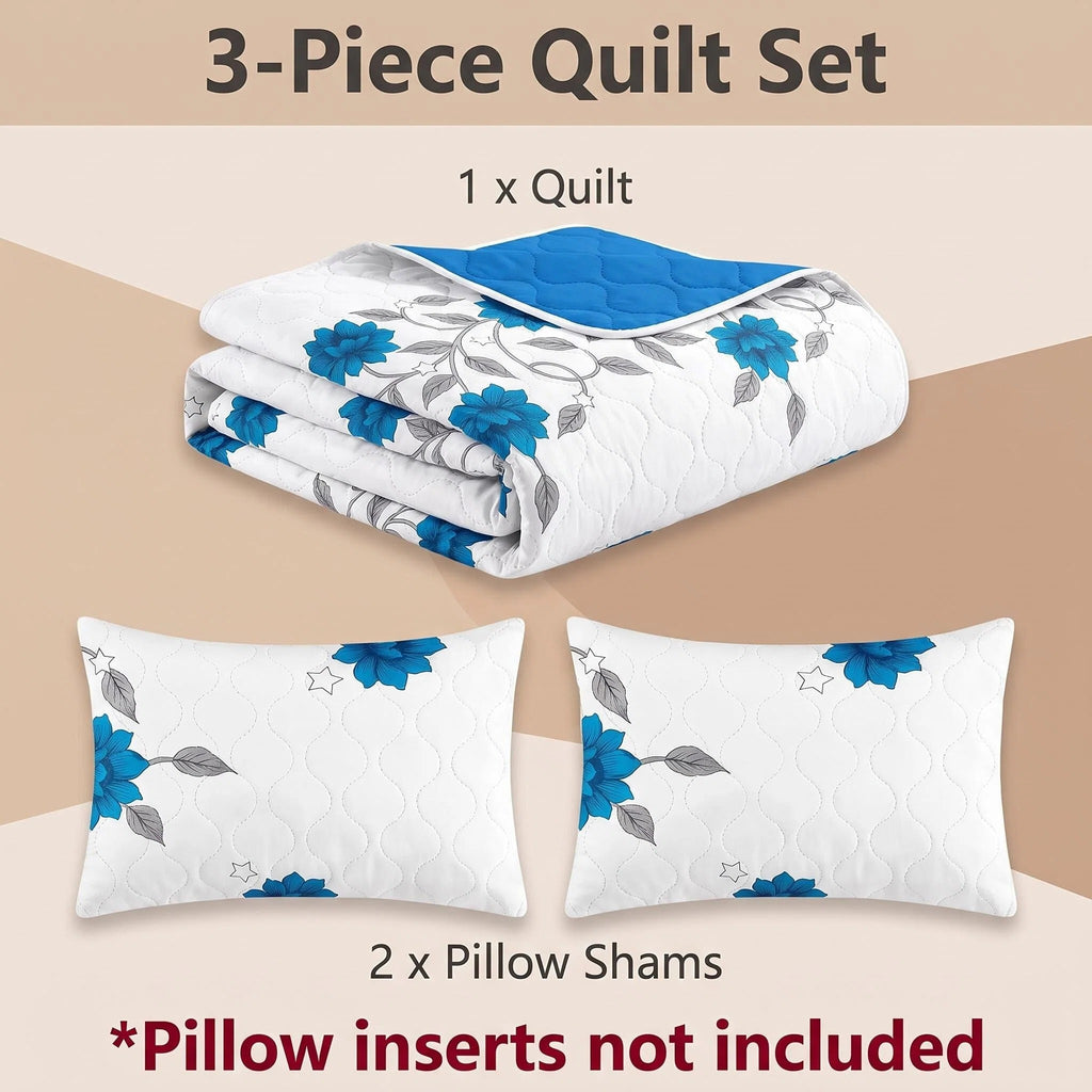 3-Piece Gris Bleu Floral Vine couvre-couche pour roi et roi de Californie