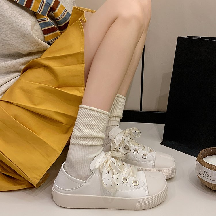 Les femmes Split orteil sans dos Mule Sneakers Polka Dot Ribbon Bow Dentelle Faux Cuir Bas haut