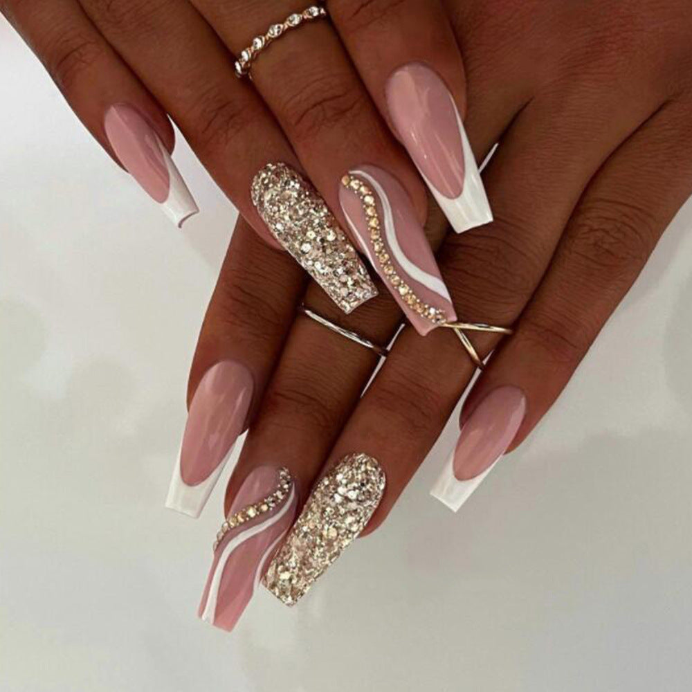 24 pièces en forme de cercueil en forme de cercueil à bord blanc French Pressing style Nail Geometric Lin
