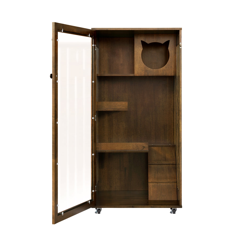 Armoire de chat en bois de caoutchouc intérieur Basia avec roues