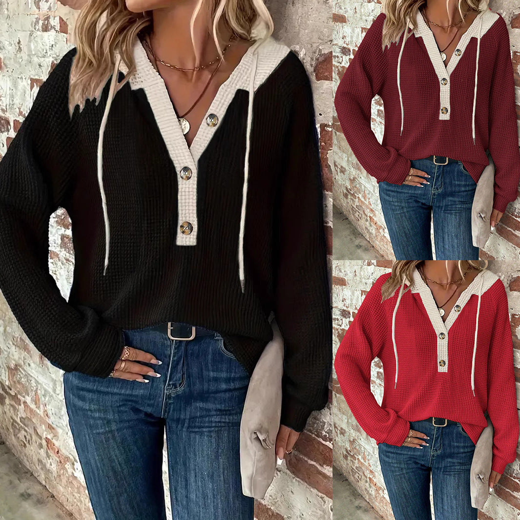 Femmes Bouton à capuchon de couleur unie-front Relaxed-fit Long-sleeve Top
