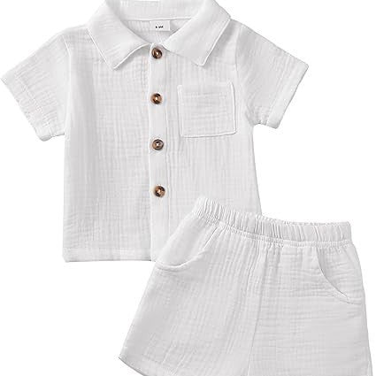 Bébé garçon coton-liné de couleur solide tissu texturé Collier à manches courtes supérieur élastique Wa
