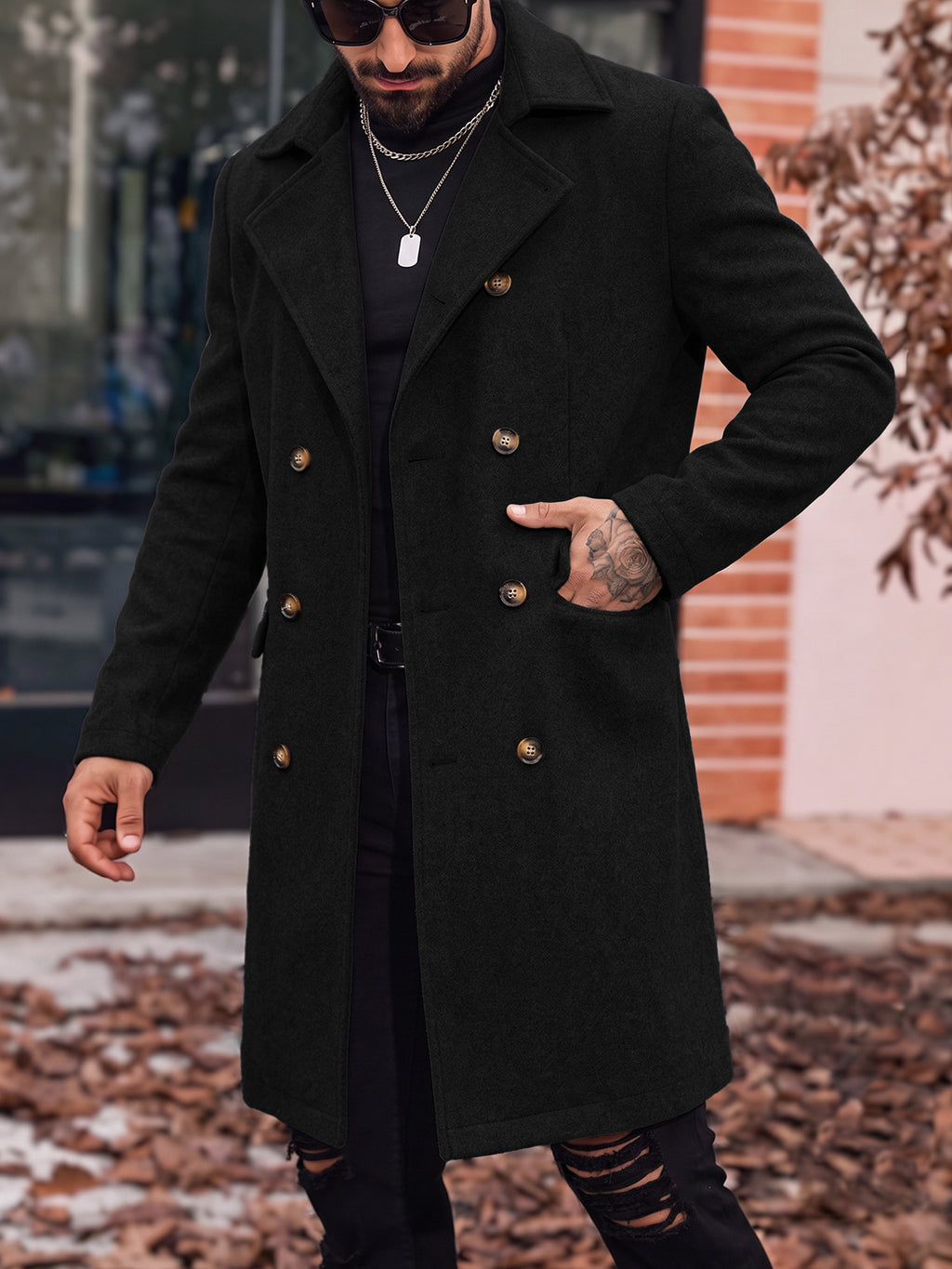 Manteau de tranchée de longueur moyenne en laine pour hommes