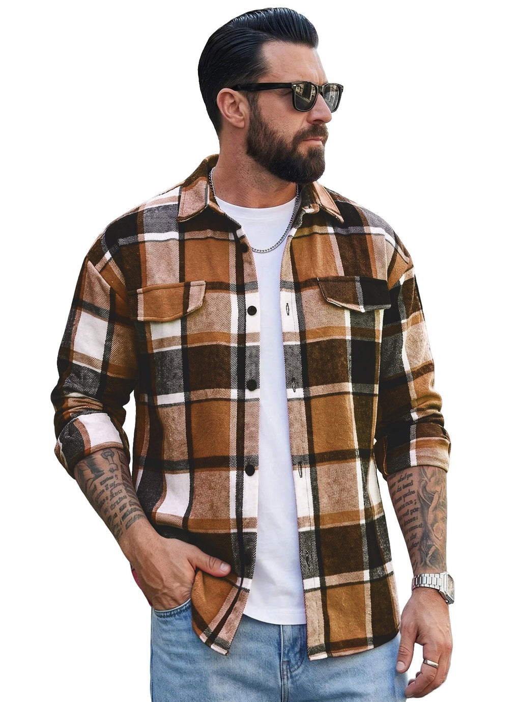 Men's Lapel-collar Plaid Cardigan with Pockets Casual Long Sleeve Shirt