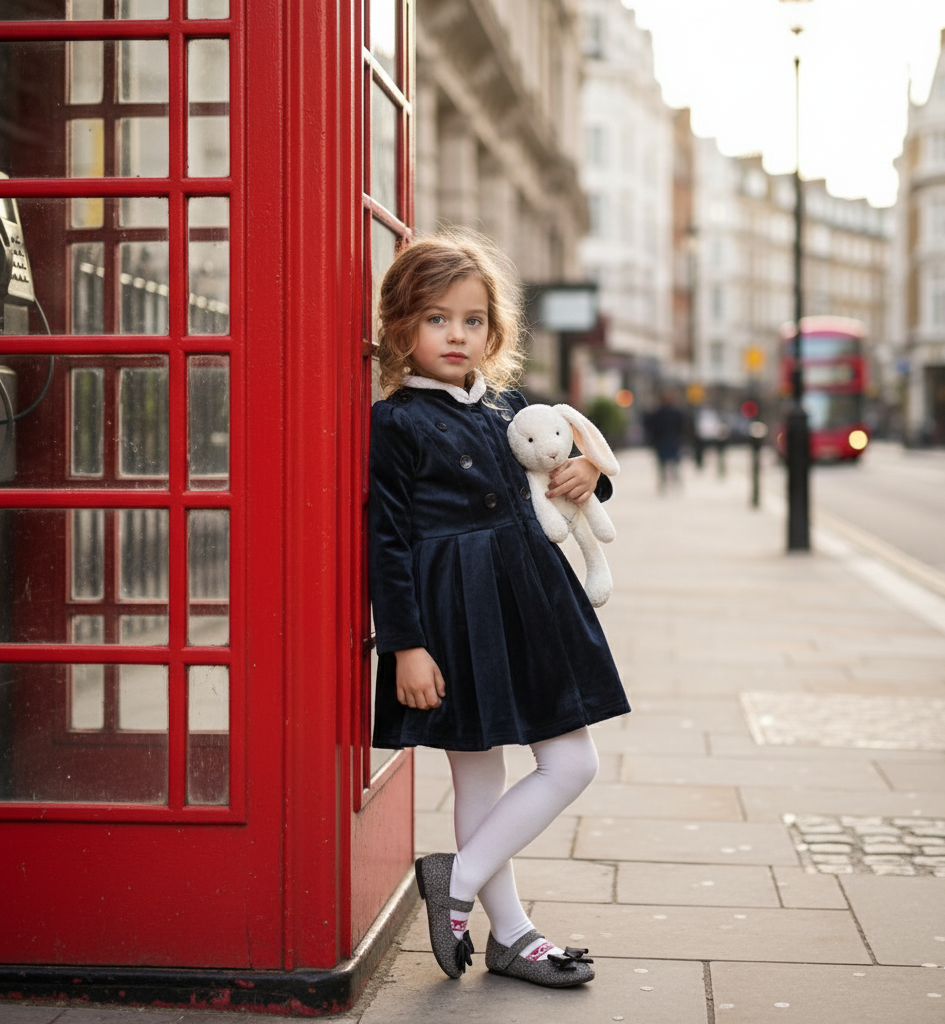 Robe de trench en velours bleu marine vintage fille 3-4-5 Y
