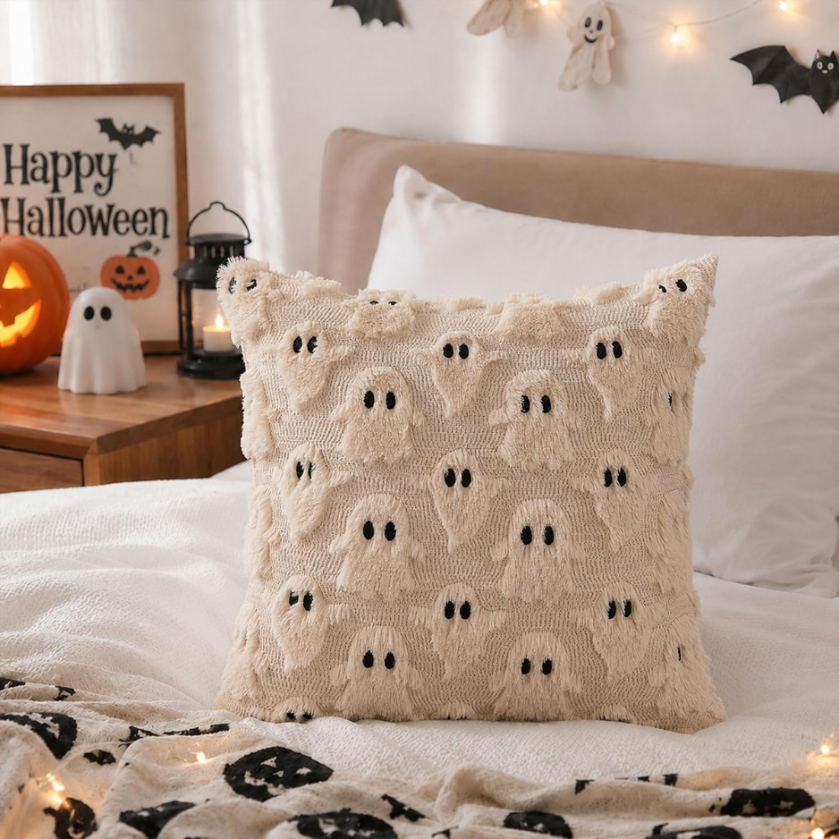 Oreiller d'Halloween Couvertures 18x18 pouces 2Pcs Beige Ghost Décoration d'Halloween