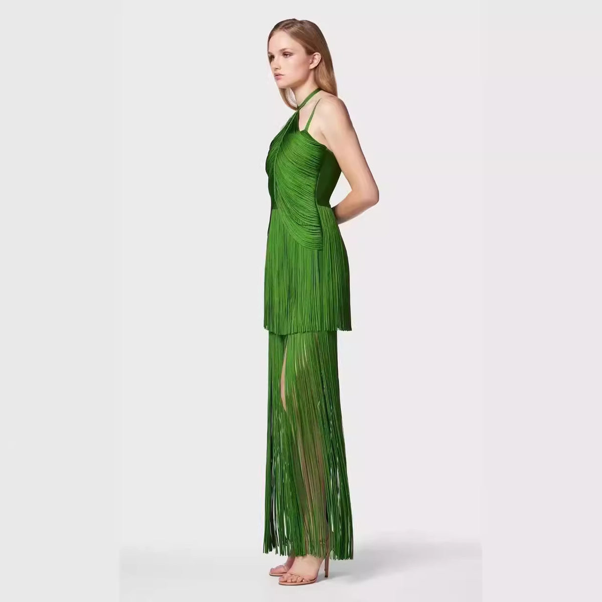 Green Halter Spaghetti Straps Tassel Diner Ball Robe