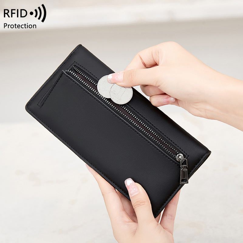 RFID Portefeuille antivol PU simple portable avec fermeture éclair et plusieurs fentes de cartes