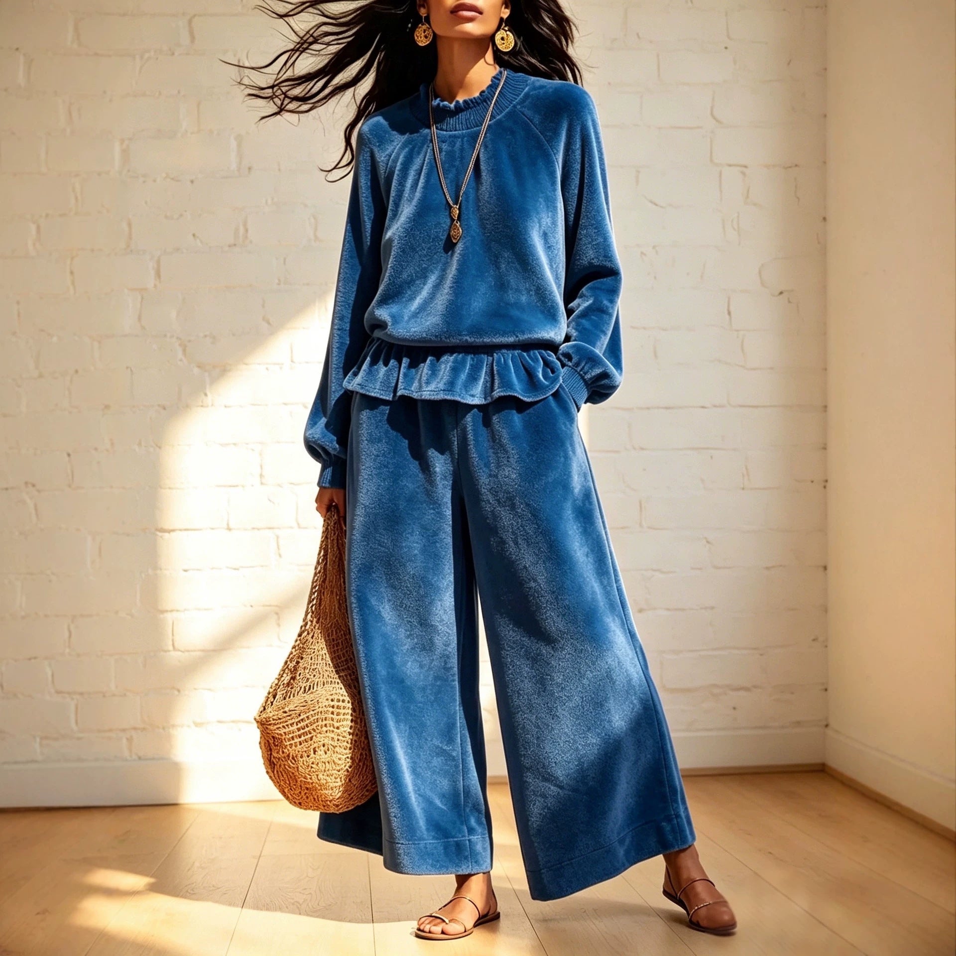 Fashionable femmes Casual Top et large-leg Pantalons ensemble