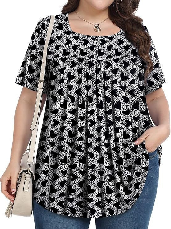 T-shirt casual à col rond à manches courtes avec imprimé floral plus taille