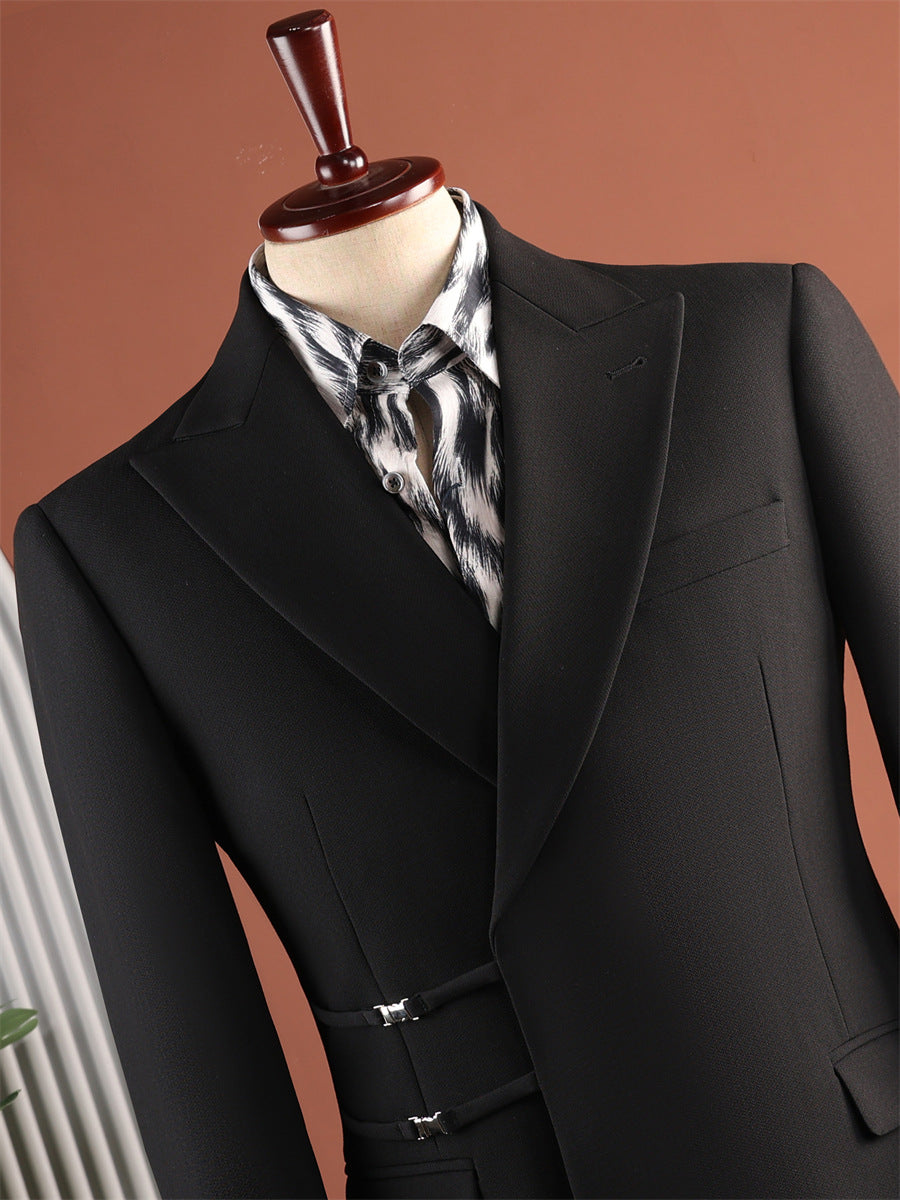 Hommes Black Peak Lapel côté boucle 2 pièces Ensemble de costumes Gurkha pantalons