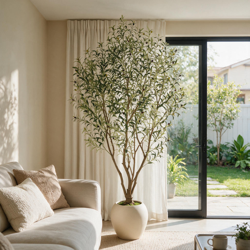 8FT Arbre d'olivier artificiel avec grand planteur blanc décoratif
