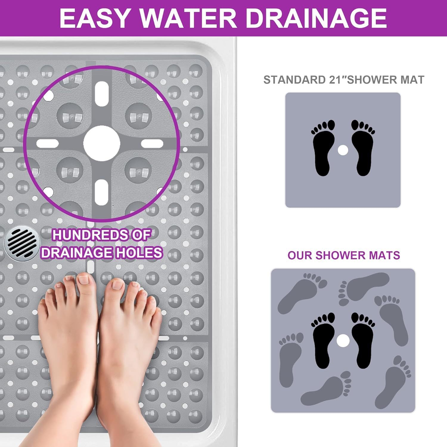 Tapis de salle de bain carré anti-dérapant Rug Toilette Suction-tasse Pad pied avec trous de drainage