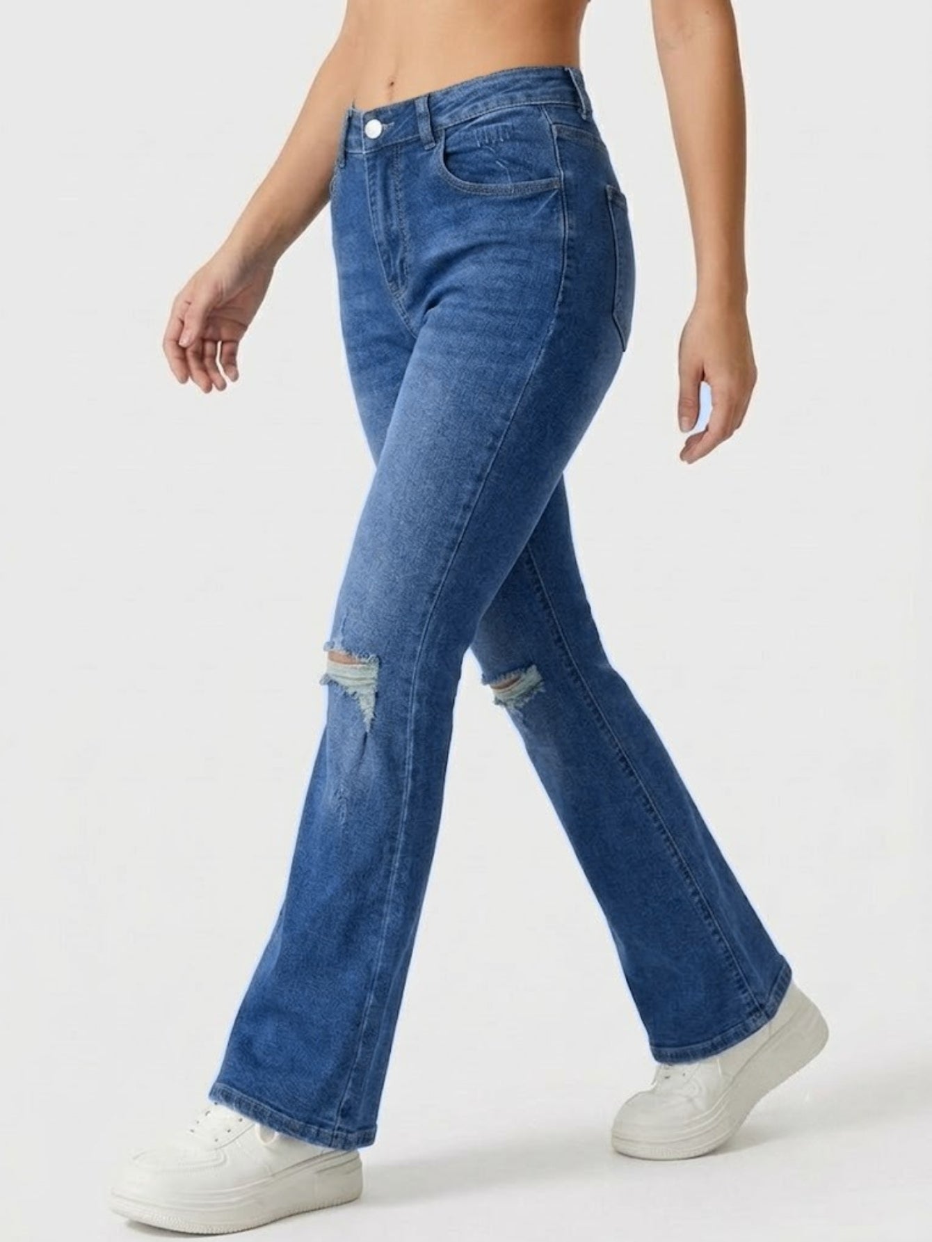 Femelle haute de la taille Knee Ripped Flare Denim Jeans Stretch Slim Floor-Length Pantalons Pour