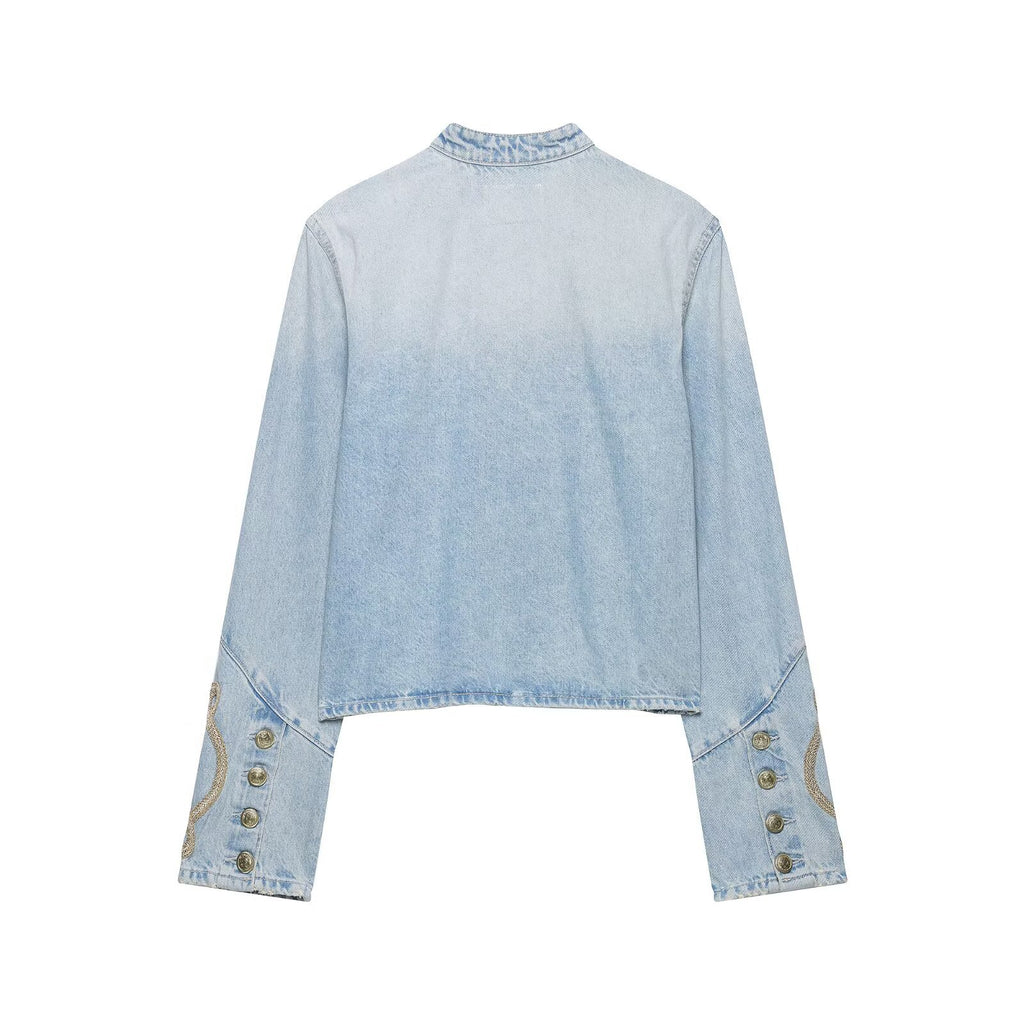 Veste Denim de style vintage avec un collier de support et une plaque à bouton avant