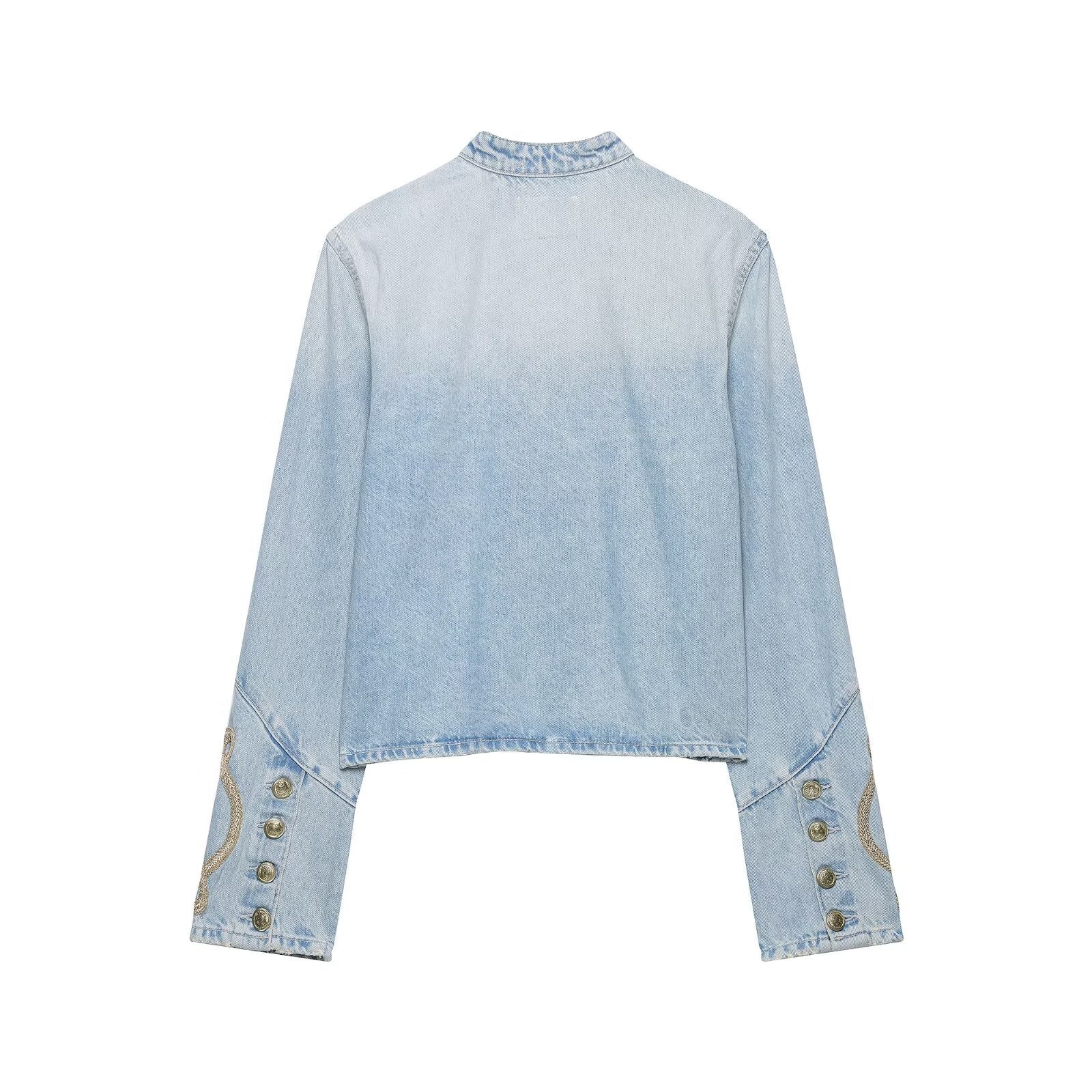 Veste Denim de style vintage avec un collier de support et une plaque à bouton avant