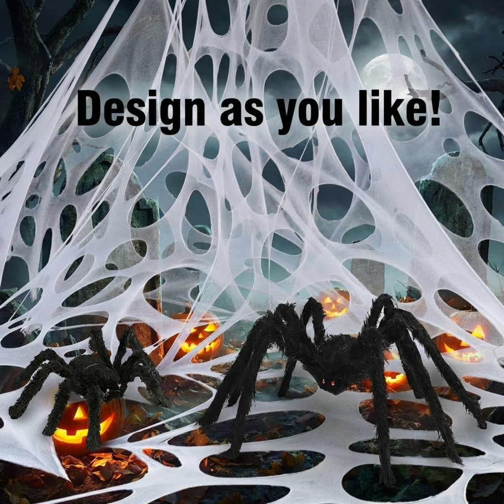 Bricolage géant Halloween Spider Web 450 Ft Stretchable Spider Web avec 10 bâtons au sol