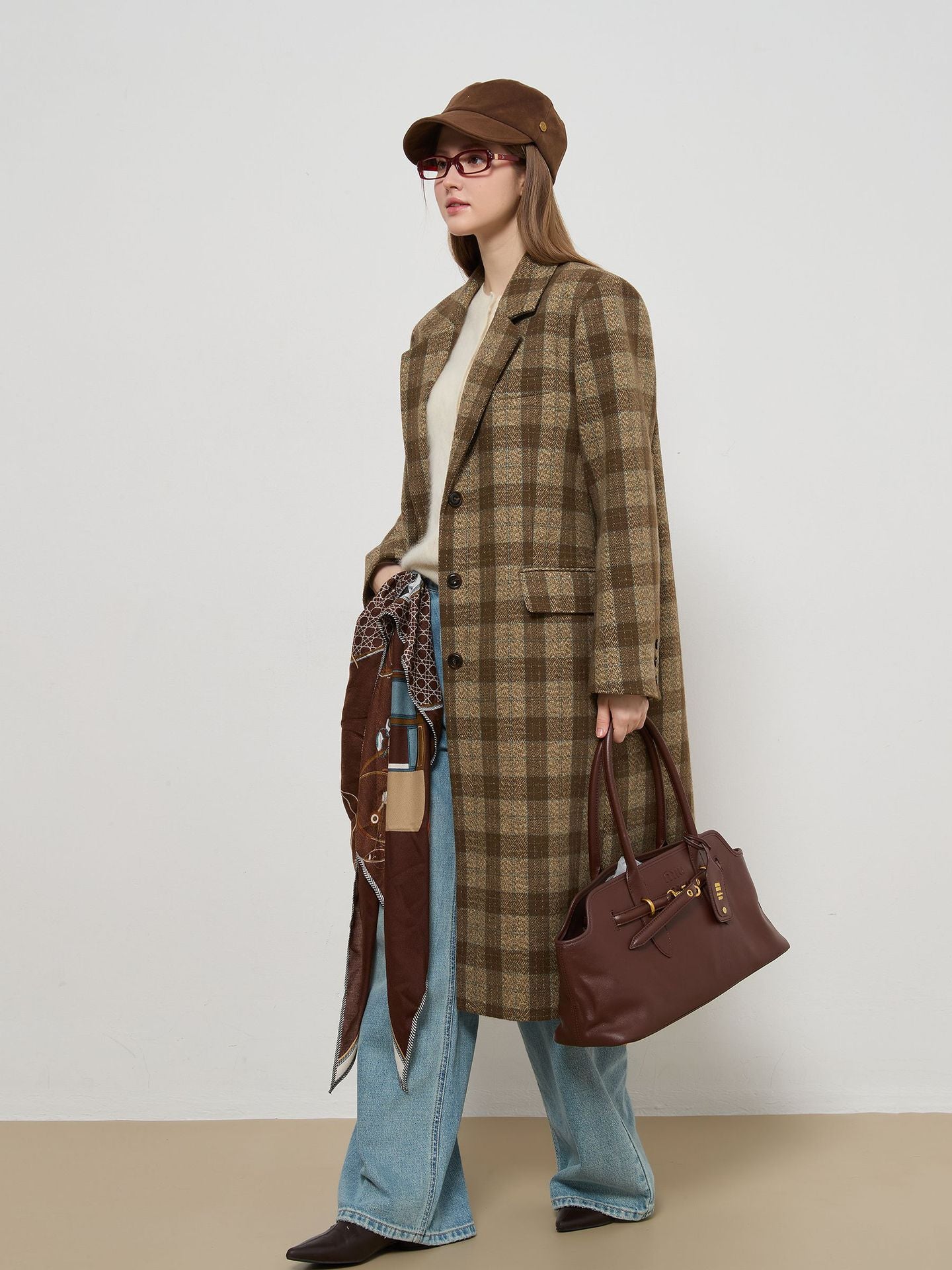 Mélange de laine de plaid encodée Lapelle mi-longue