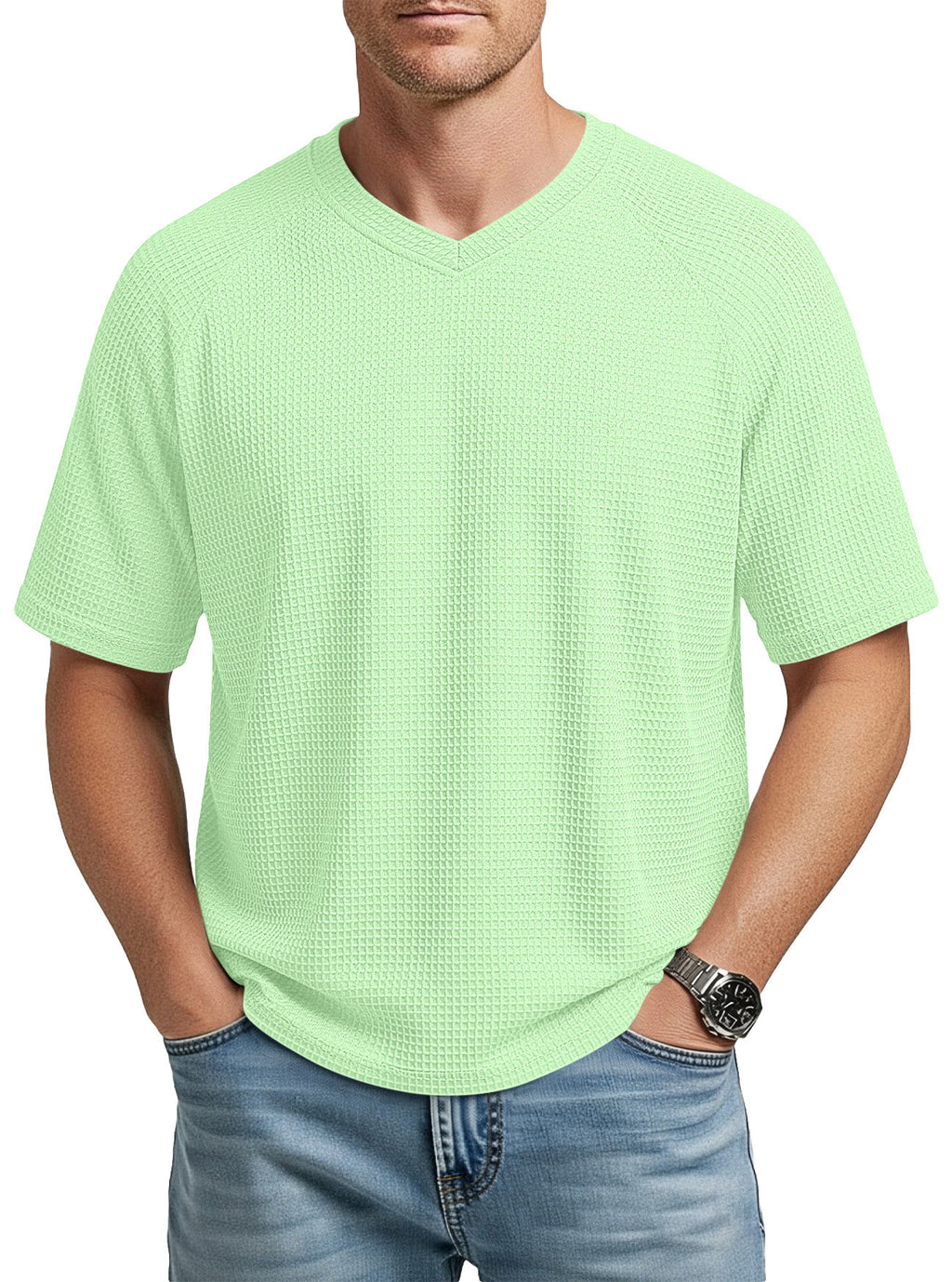 T-Shirt en tricot à manches courtes Raglan col V pour hommes