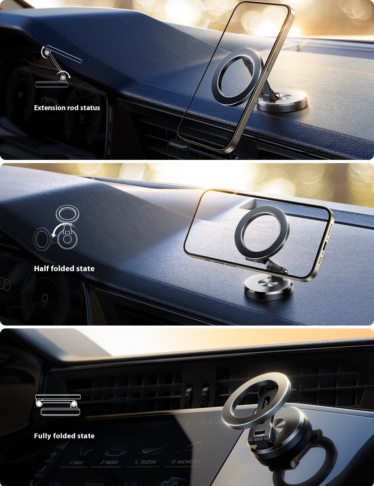 Support magnétique de téléphone de voiture pliant Navigation de voiture Alliage d'aluminium Tableau de bord