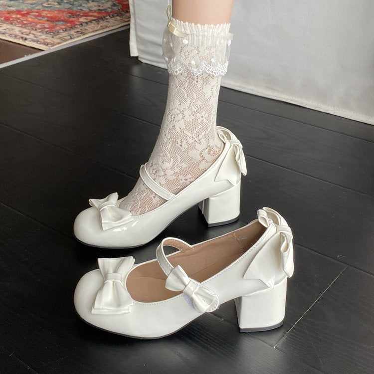 Femmes Brevet orteil rond en cuir Mary Jane Talons Multi Bow Décor dos Bow Ornement unique St