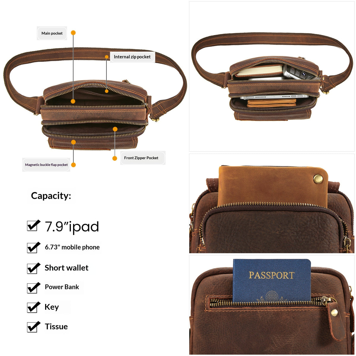Epaule véritable en cuirCrossbody High-End Cowhide Homme Cowhide Retro Sac carré Casual