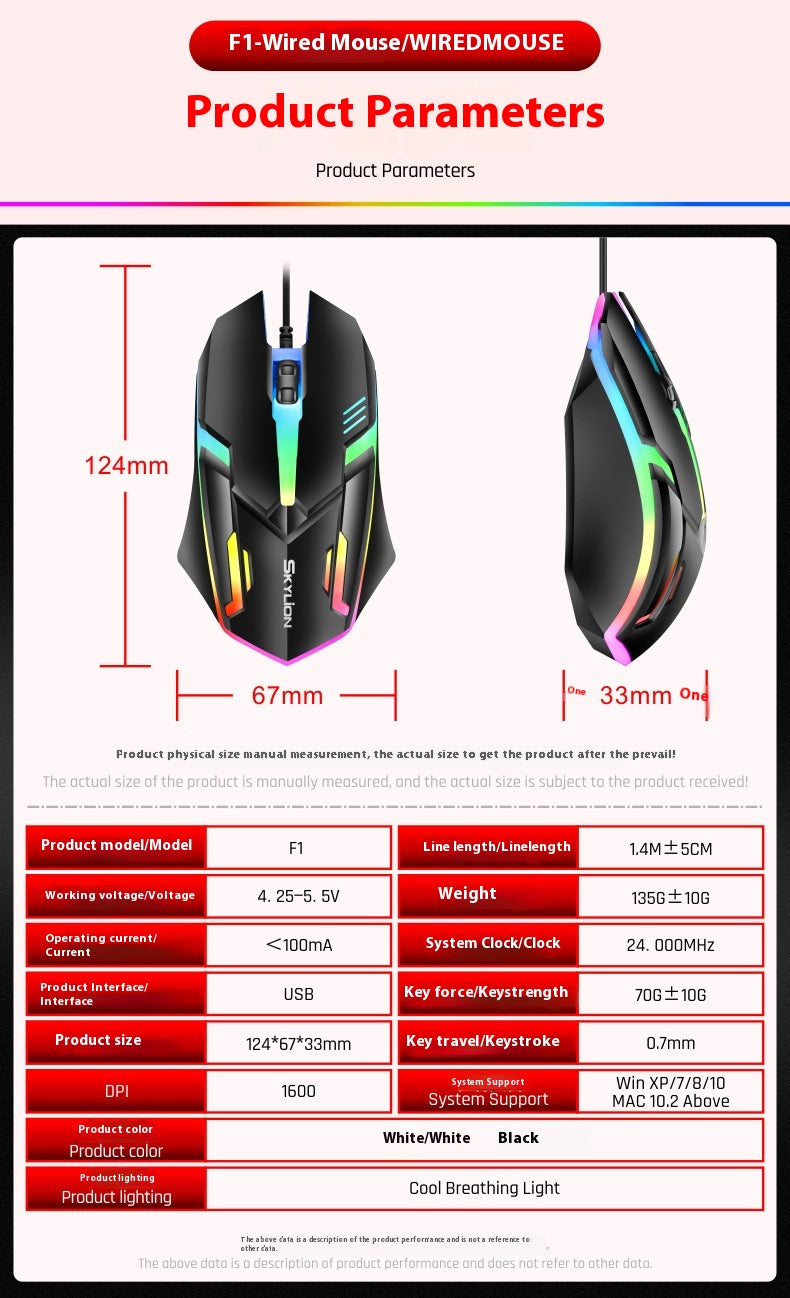 Wired Luminous Mouse Office Accueil Jeux Ordinateurs de bureau USB et Ordinateur portable Universal PlayerUn