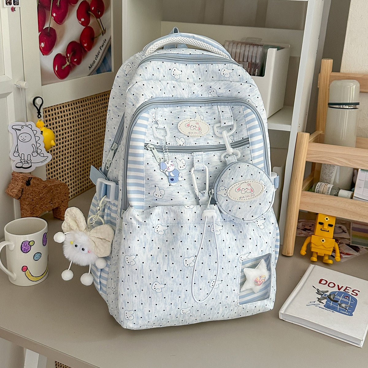 Sac à dos pour filles de style Polka-Dot Rose et Blanc