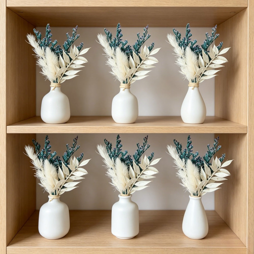 6 Mini Bouquets de fleurs séchés en bleu et blanc - Set décoratif avec l'herbe d'amour