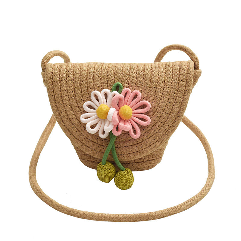 Été Cotton Rope Woven Phone Bag avec le design floral mono-épaule style