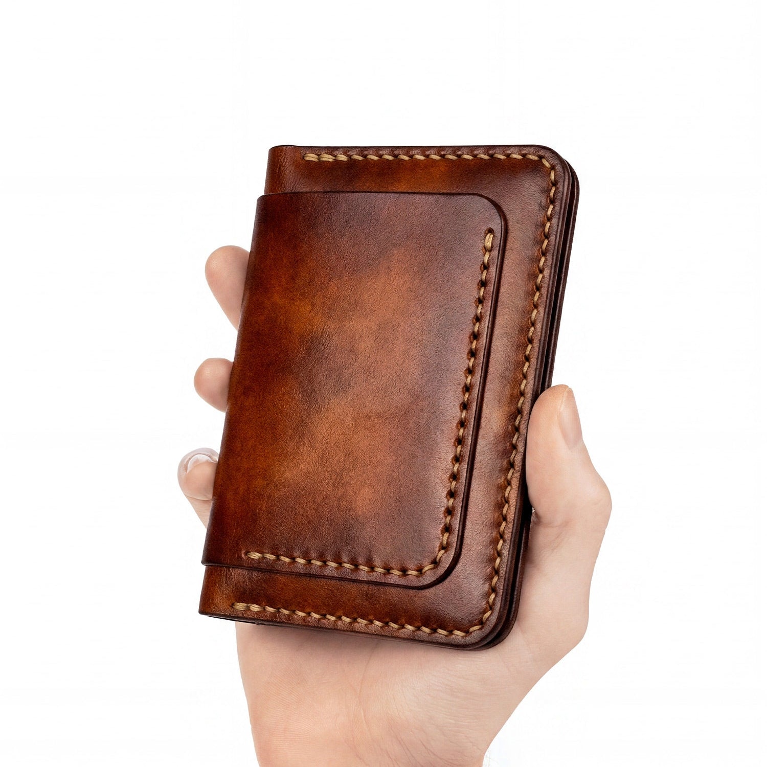Porte-monnaie pour homme fait main avec des fentes de carte et un détenteur de passeport fait de cowhide à grains supérieurs.