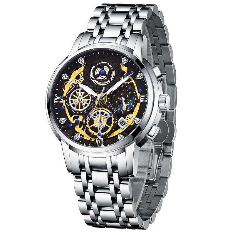 Montre Quartz multifonction en acier inoxydable pour homme