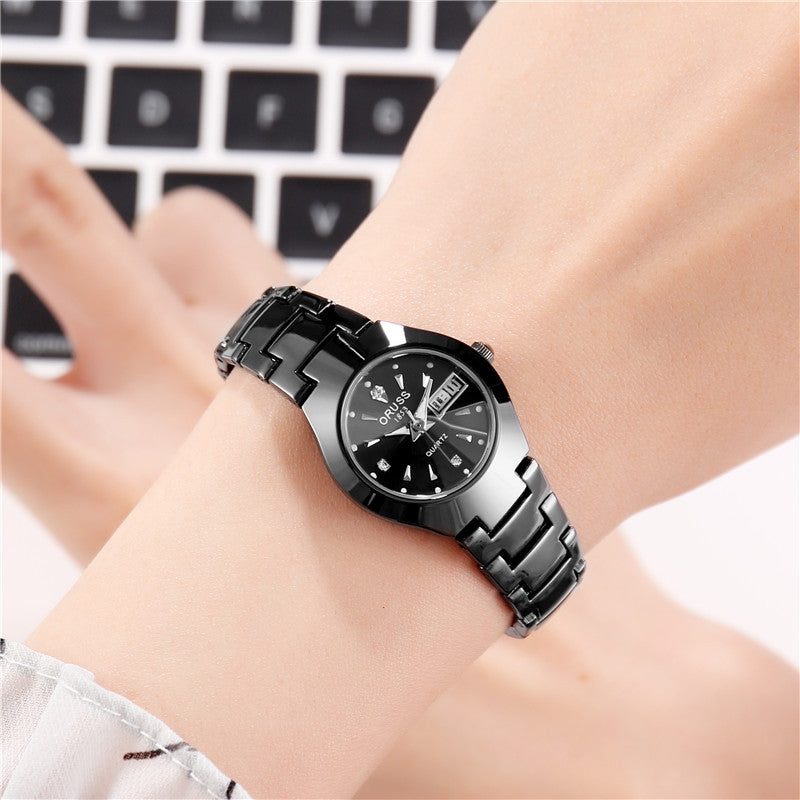Tungstène acier couleur imperméable mode étudiant couple calendrier Quartz montre