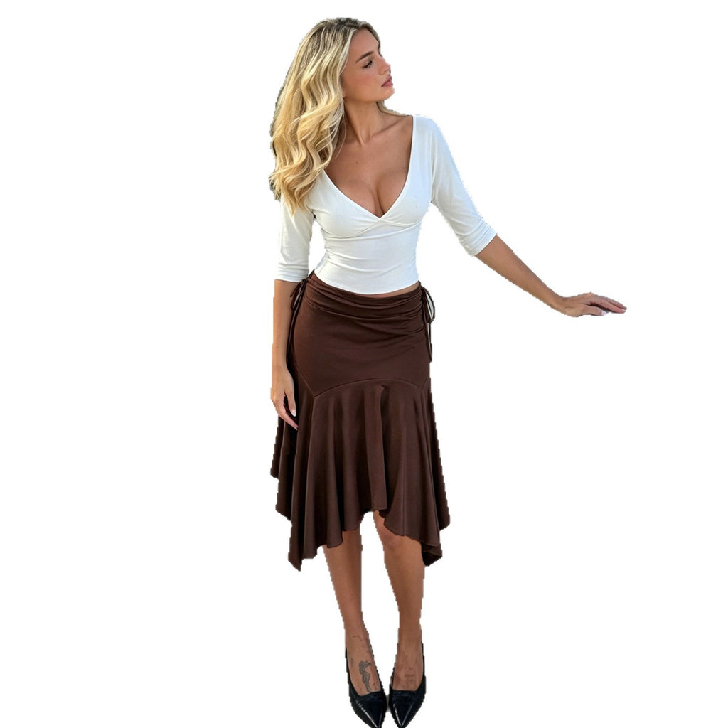 Retro Low-waist Plissé Dentelle Asymétrique Midi Jupe