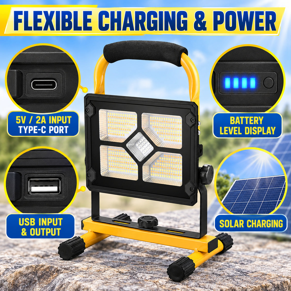 Affichage de batterie rechargeable alimenté par l'énergie solaire Type C LED lumière de déluge W877 1 variable