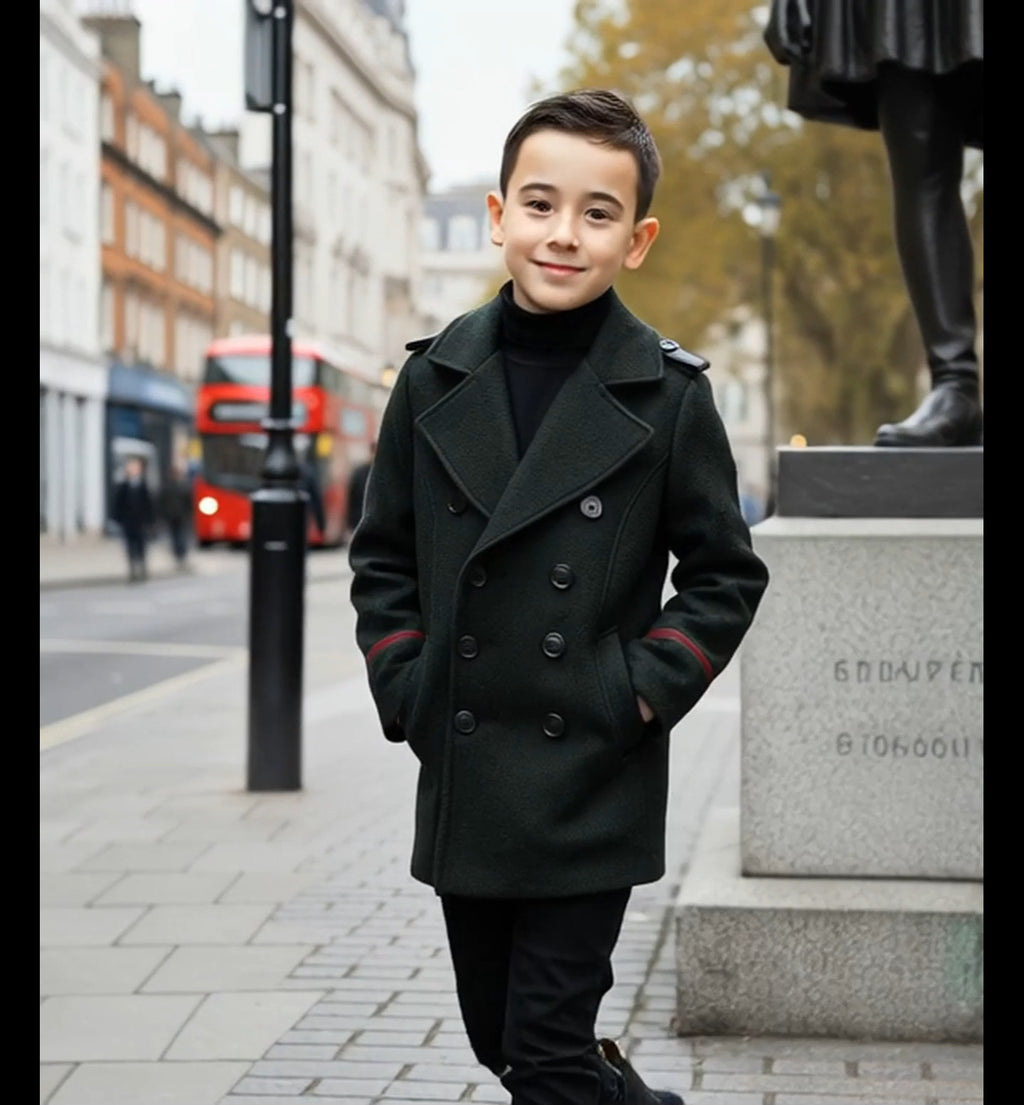 Garçons Noir Smart Casual Cashmere Coat Vert Style militaire Woolen Veste 3-9Y