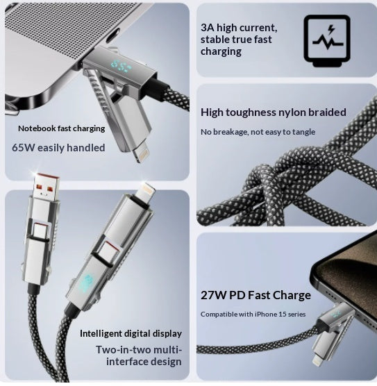 Câble d'affichage numérique à double port intelligent 65W Charge ultra-rapide