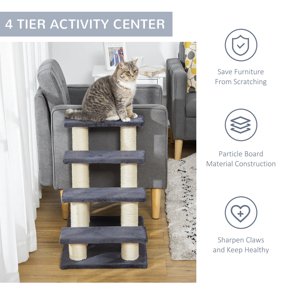 Arbre de chat avec 4 étapes pour les lits hauts avec poste de scratching sisal