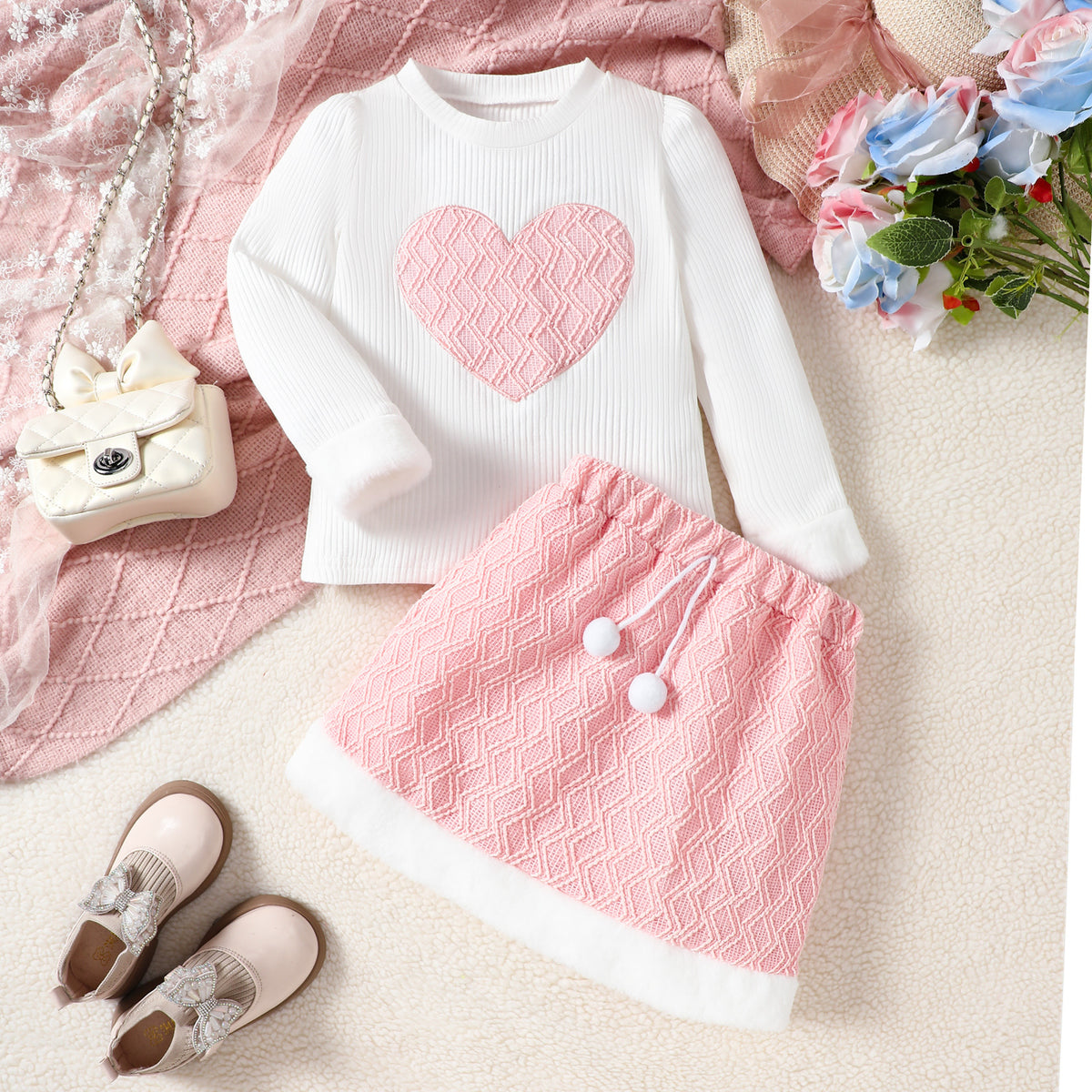 Girls' casual fashion long-sleeved printed T-shirt and long-sleeved skirt set