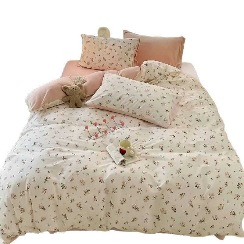 Draps de lit et couverture de couette en coton lavé doux Ensemble de quatre pièces