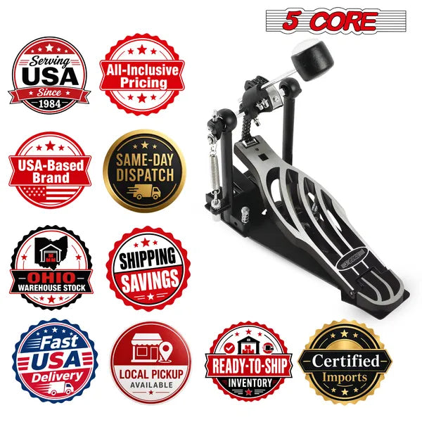 5 Core Bass Drum Pedal Mount Ajustable Felt Beater Head Single Chain HeavyDuty Kick Drum