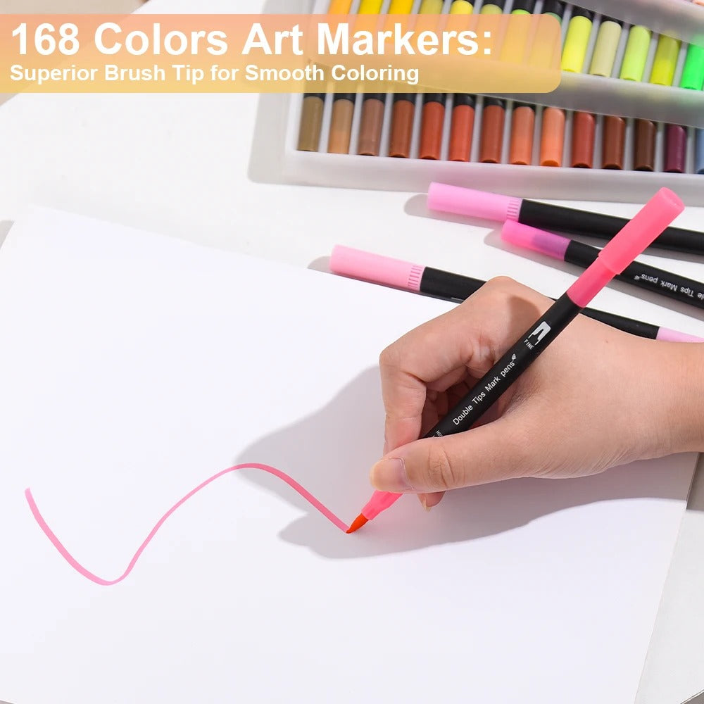 168 Colors Brush Markers Set Black Barrel Watercolor Pens for Drawing Coloring