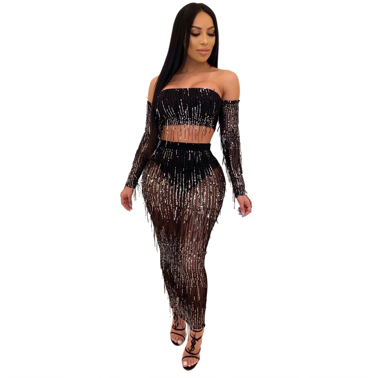 Mode Sexy See-through Mesh Sequins Tassel Ensemble deux pièces